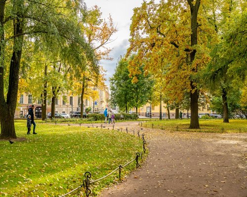 Person walking in a peaceful green urban park during autumn
